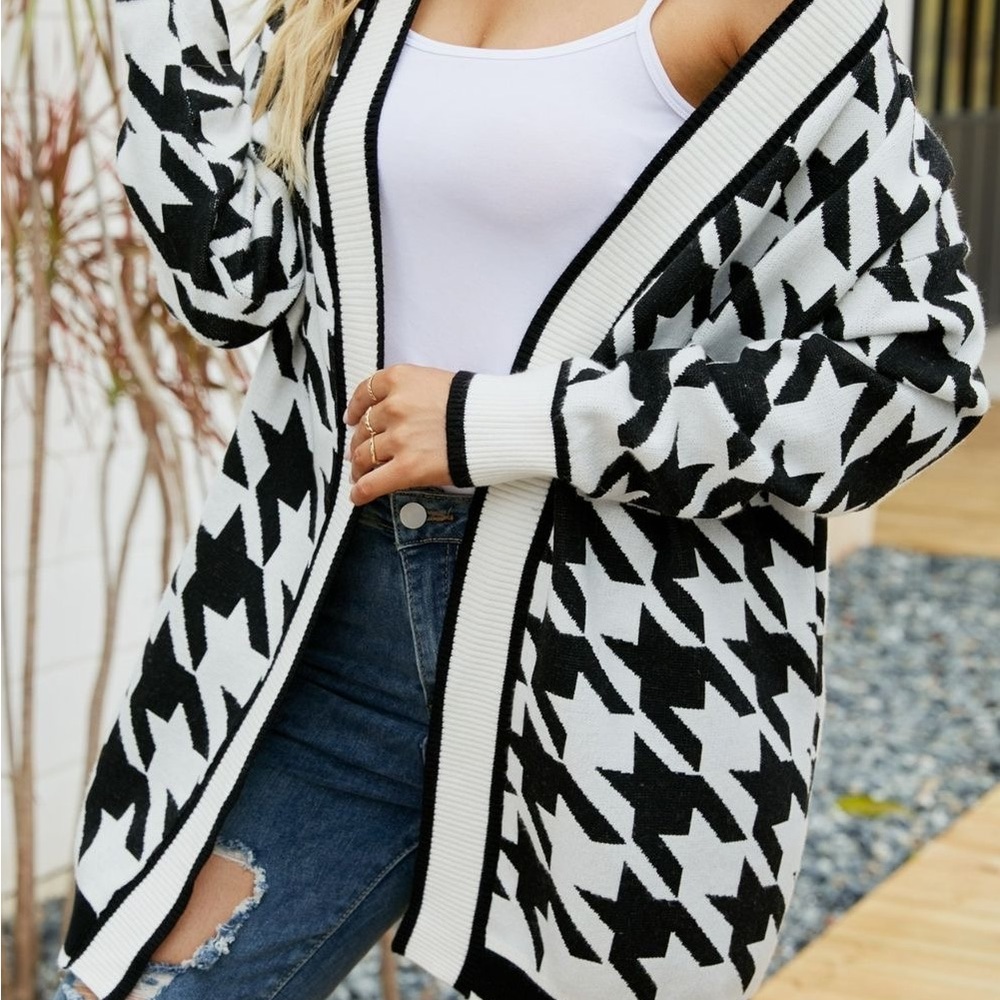 HOUNDSTOOTH RIBBED TRIM OPEN FRONT CARDIGAN - Picture 2 of 5